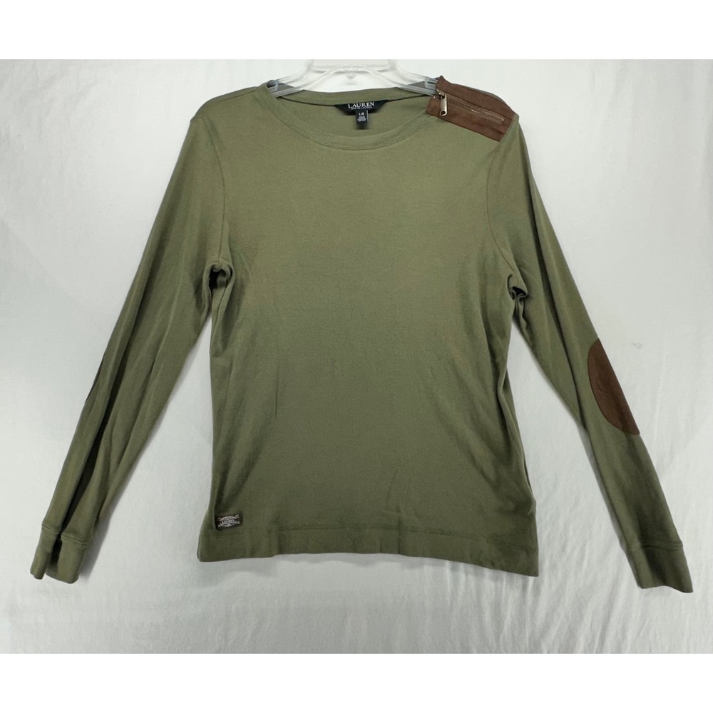 Lauren Ralph Lauren Olive Green Long Sleeve Top Faux Suede Elbow Patches L